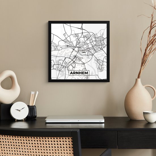 Affiche avec cadre Carte - Arnhem - Zwart - Wit - 40x40 cm