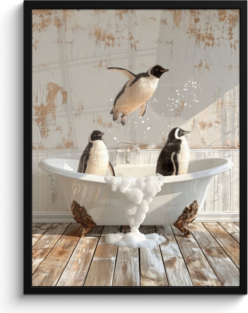 FrameYourWall Poster in lijst - Fotolijst 60x80 cm - Posters - Vintage - Pinguïn - Badkuip - Schuim - Posterlijst zwart - Wanddecoratie badkamer - Muurdecoratie WC - Decoratieve accessoires - Toilet muur decoratie Pinguïns - Badkuip