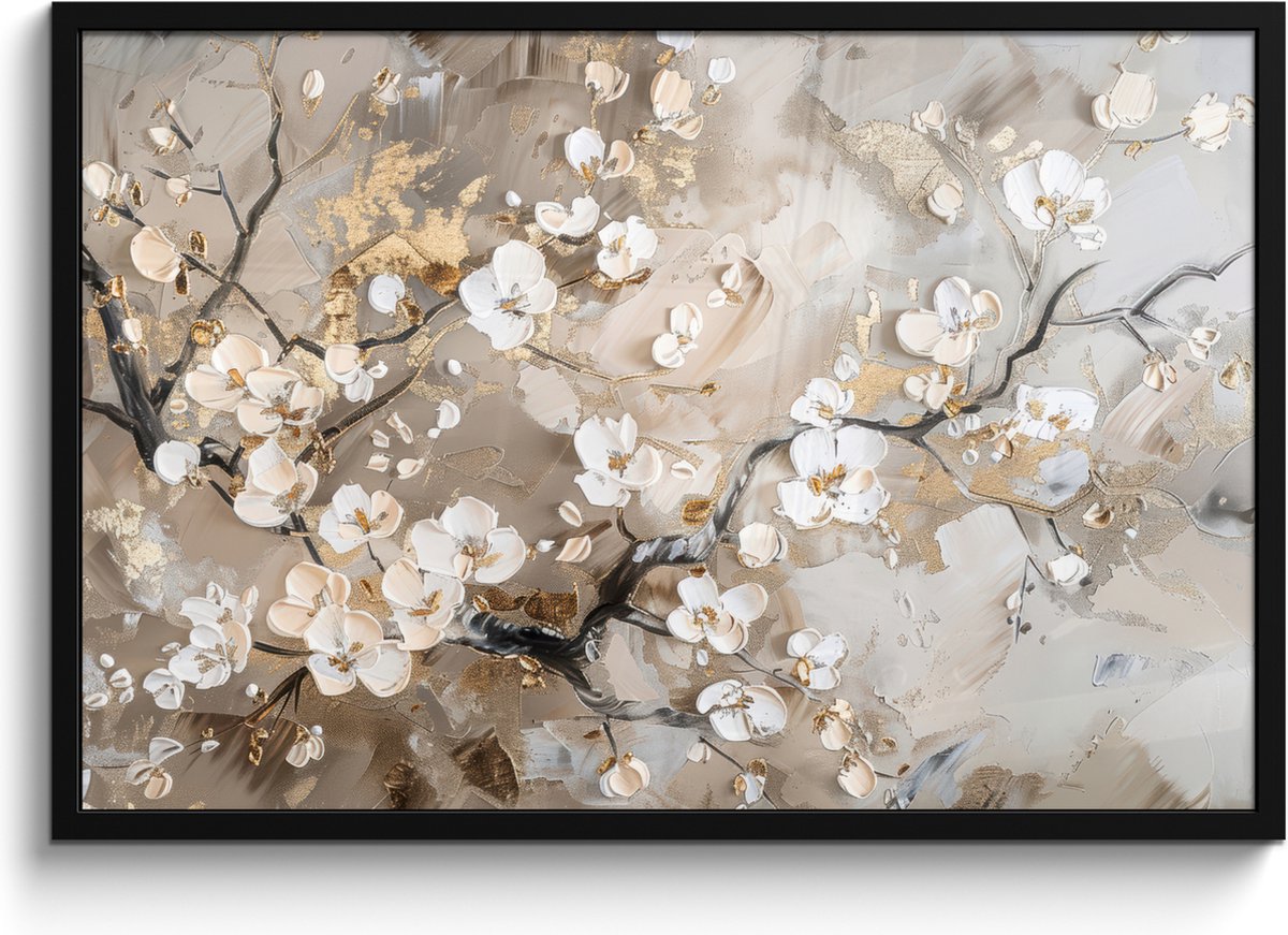 FrameYourWall Poster in lijst - Fotolijst 90x60 cm - Posters - Bloemen - Wit - Goud - Beige - Luxe - Posterlijst zwart - Decoratie - Wanddecoratie woonkamer - Muurdecoratie slaapkamer