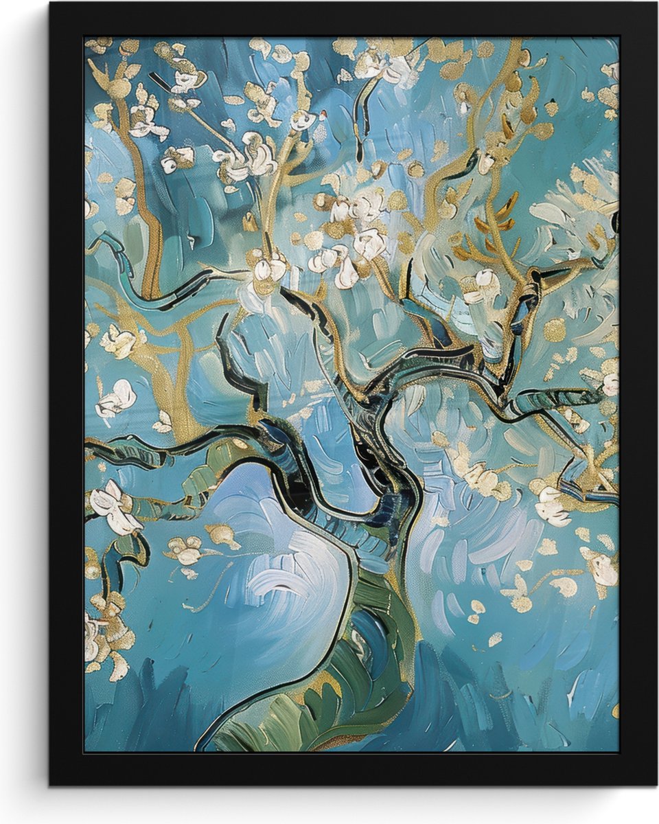 FrameYourWall Poster in lijst - Fotolijst 30x40 cm - Posters - Amandelbloesem boom - Blauw - Abstract - Posterlijst zwart - Decoratie - Wanddecoratie woonkamer - Muurdecoratie slaapkamer Blauw - Goud