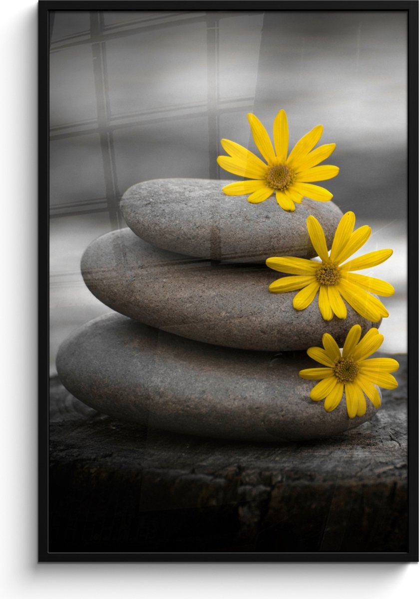 FrameYourWall Poster in lijst - Fotolijst 80x120 cm - Posters - Zen stenen - Bloemen - Geel - Natuur - Posterlijst zwart - Wanddecoratie badkamer - Muurdecoratie WC - Decoratieve accessoires - Toilet muur decoratie Stenen - Grijs