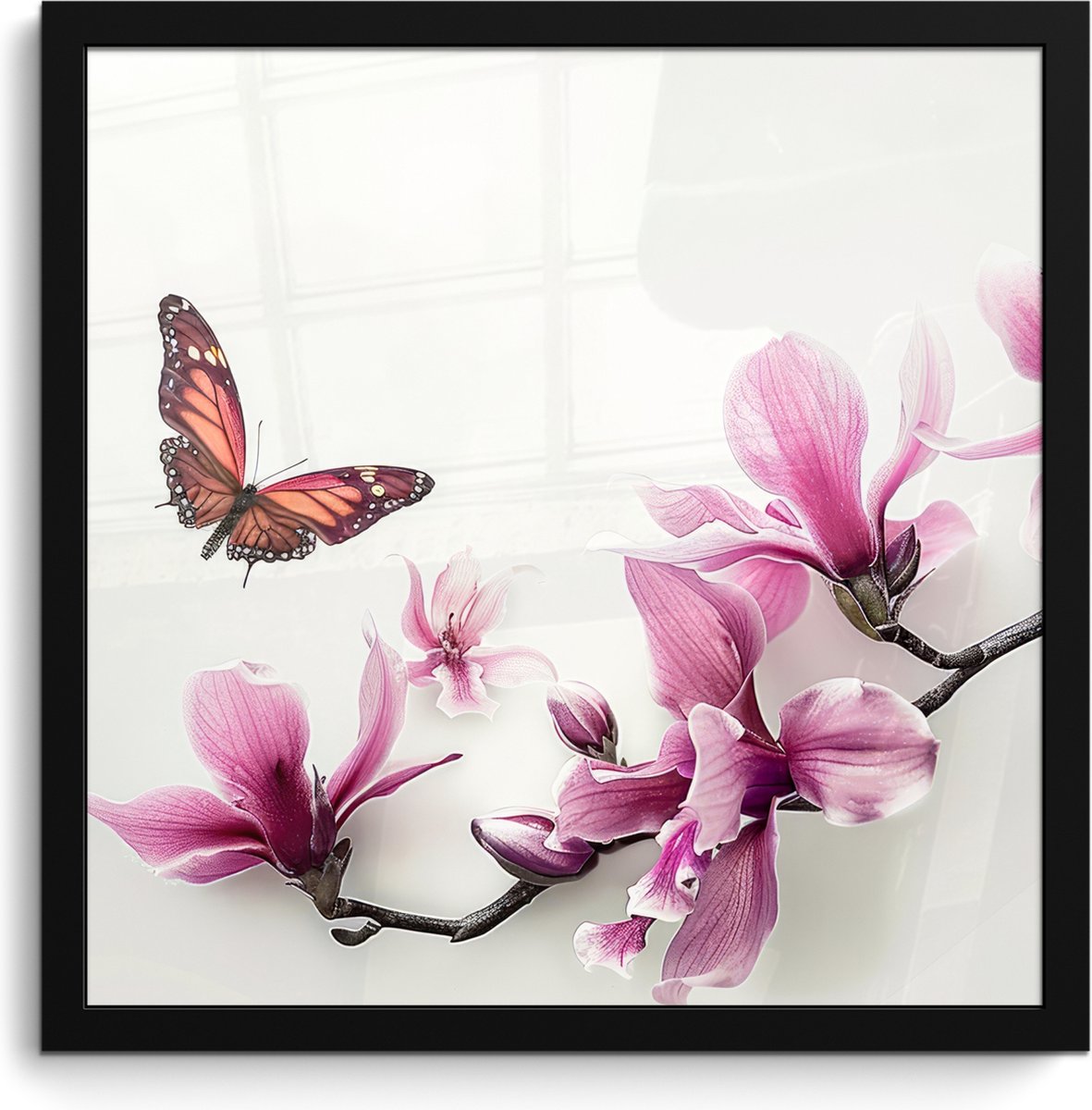 FrameYourWall Poster in lijst - Fotolijst 40x40 cm - Posters - Bloesem - Vlinder - Roze - Natuur - Wit - Posterlijst zwart - Wanddecoratie badkamer - Muurdecoratie WC - Decoratieve accessoires - Toilet muur decoratie Bloem - Vlinder