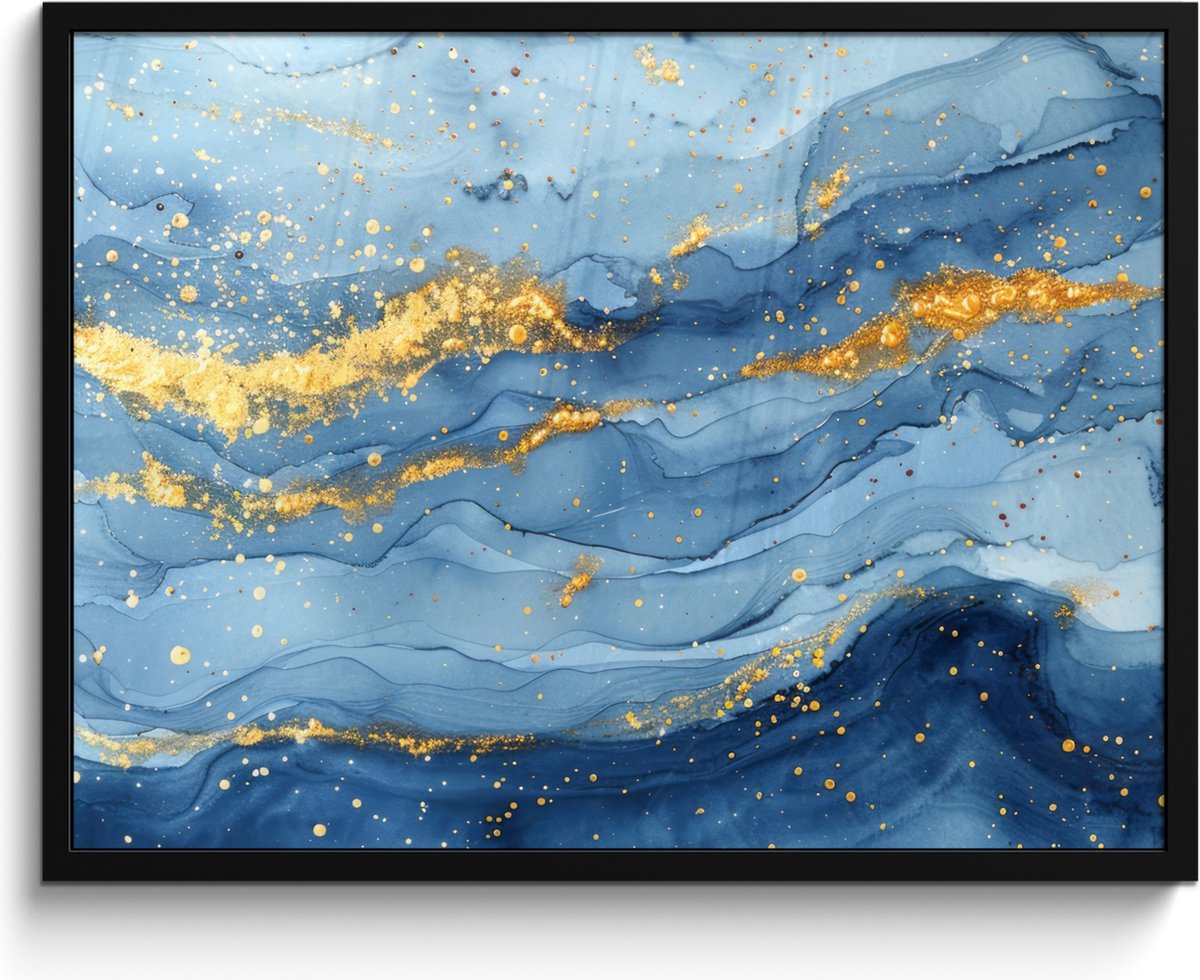Poster in lijst - Fotolijst 80x60 cm - Posters - Watercolor - Blauw - Kunst - Goud - Luxe