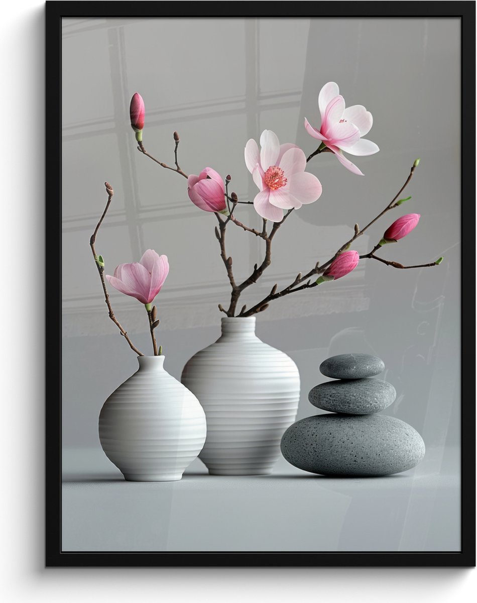 FrameYourWall Poster in lijst - Fotolijst 60x80 cm - Posters - Magnolia - Bloemen - Roze - Zen stenen - Posterlijst zwart - Wanddecoratie badkamer - Muurdecoratie WC - Decoratieve accessoires - Toilet muur decoratie Bloemen - Vaas
