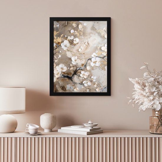 Affiche sous cadre - Cadre photo 30x40 cm - Posters - Fleurs - Wit - Or - Beige - Luxe - Cadre affiche noir - Décoration - Décoration murale Décoration murale chambre