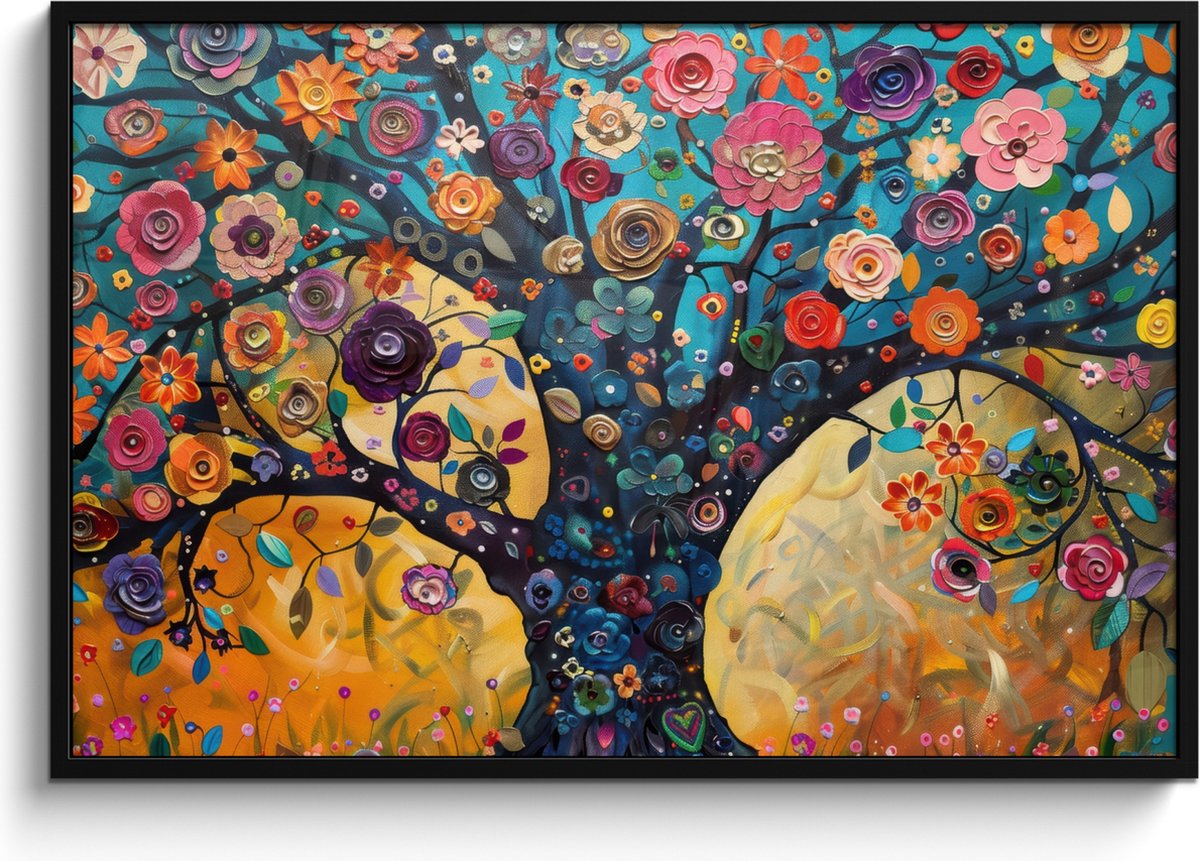 FrameYourWall Poster in lijst - Fotolijst 120x80 cm - Posters - Boom - Levensboom - Kleurrijk - Bloemen - Modern - Posterlijst zwart - Decoratie - Wanddecoratie woonkamer - Muurdecoratie slaapkamer