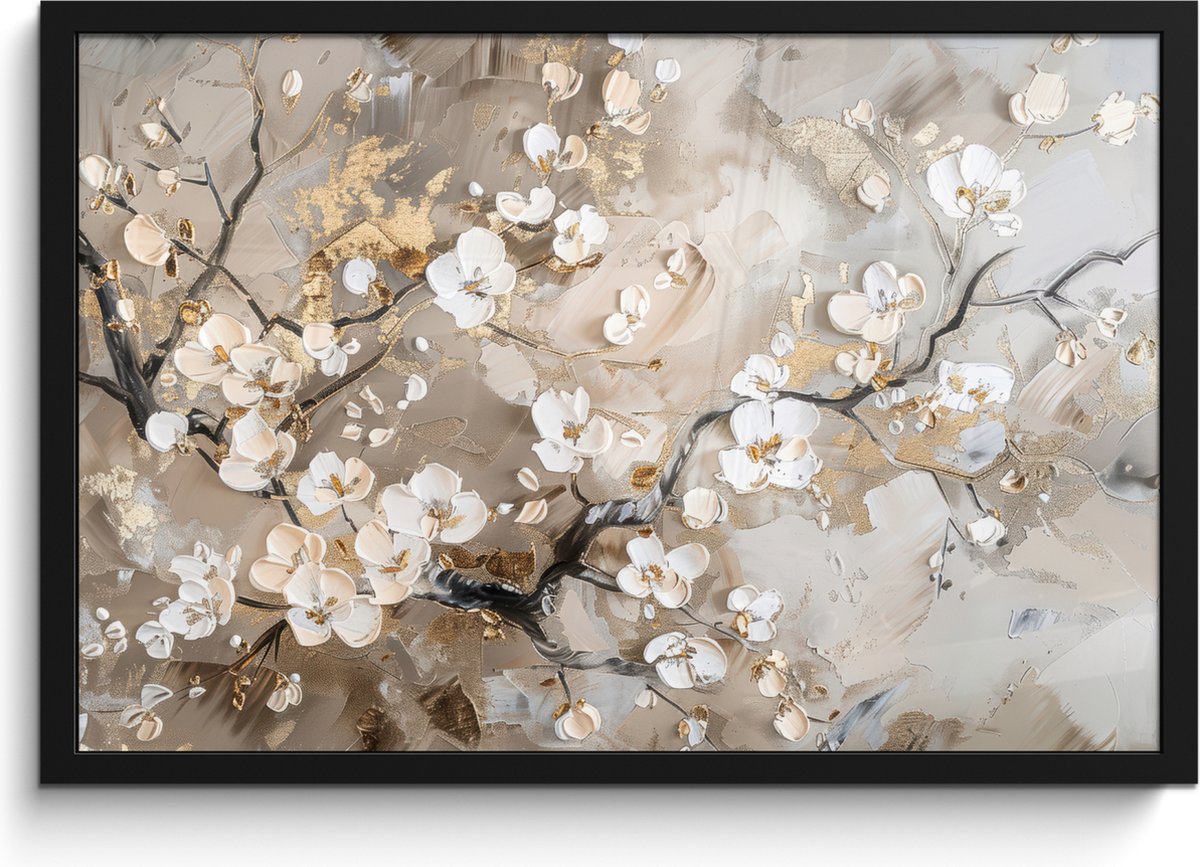 FrameYourWall Poster in lijst - Fotolijst 60x40 cm - Posters - Bloemen - Wit - Goud - Beige - Luxe - Posterlijst zwart - Decoratie - Wanddecoratie woonkamer - Muurdecoratie slaapkamer