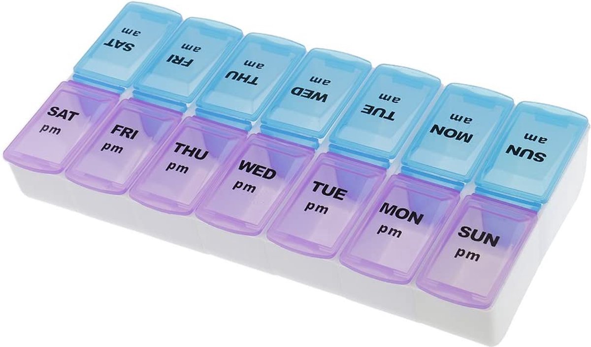Goedkoopste Scoby - Pillendoos 14 Dagen - 14 vakjes - Doos met Medicijnen - Pillen Planner - Medicijndoos - Handig Organizer - Pill Organizer - Blauw/Paars