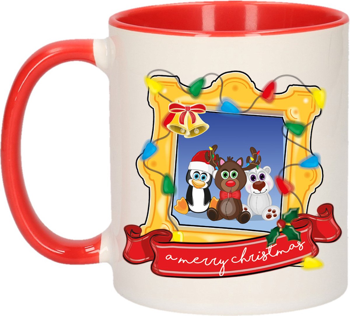 Bellatio Decorations Kerst cadeau koffiemok - kerst diertjes - rood - 300 ml - keramiek