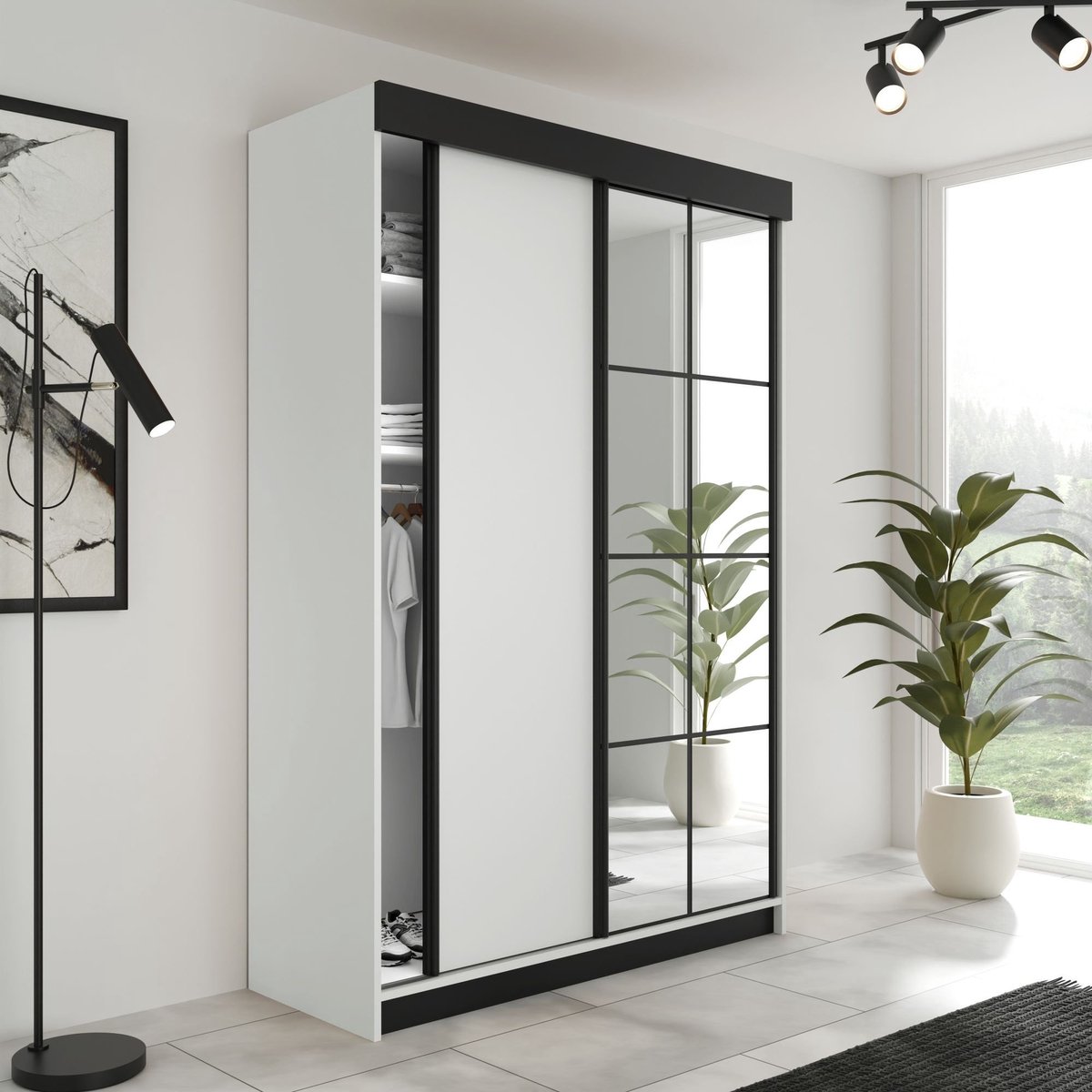 Kledingkast-Opbergkast-Spiegel-Kledingkasten Slaapkamer-Kleding Kast-Roedestang-Legplanken-Schuifdeurkast-lamaro 138 cm Wit zwart