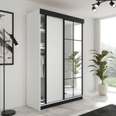 Armoire-Meuble de rangement-Miroir Garde-robes de chambre-Armoire à Vêtements -Tringle-Étagères-Armoire à portes Étagères-Lamaro 138 cm Wit Noir