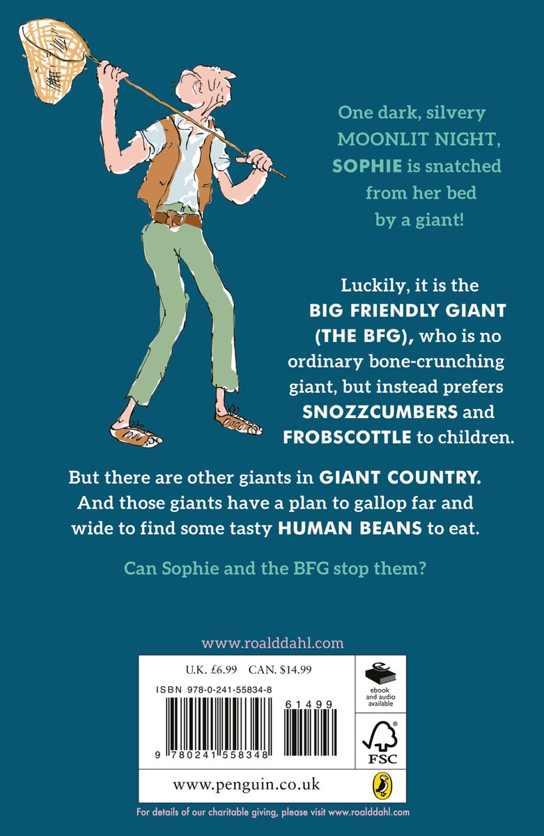 Een illustratie van de Grote Vriendelijke Reus die een net vasthoudt. Tekst: "Eén donkere, zilverwitte NACHT, SOPHIE wordt ontvoerd uit haar bed door een reus!"