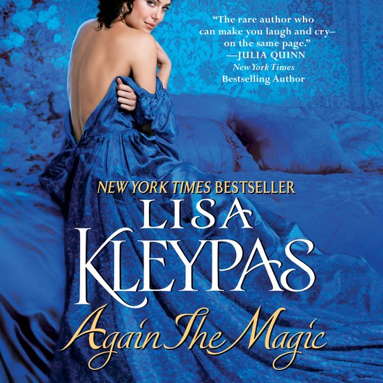 Couverture du livre 'Again The Magic' de Lisa Kleypas. Une femme en robe bleue dos nu assis sur un lit.