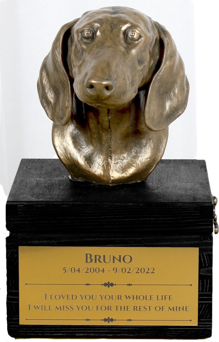Urn hond met gravure en sculptuur van langharige teckel