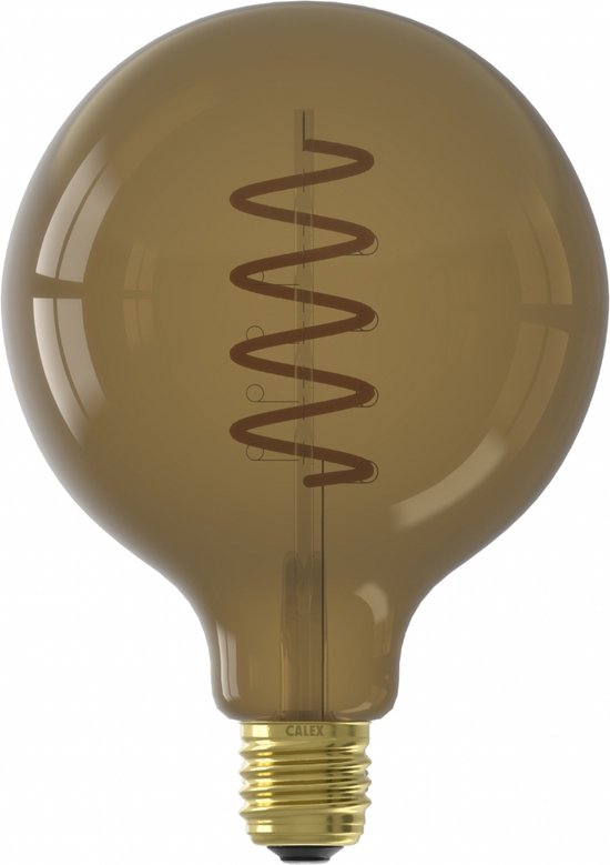 Gouden gloeilamp met spiraalvormig filament en E27 fitting.