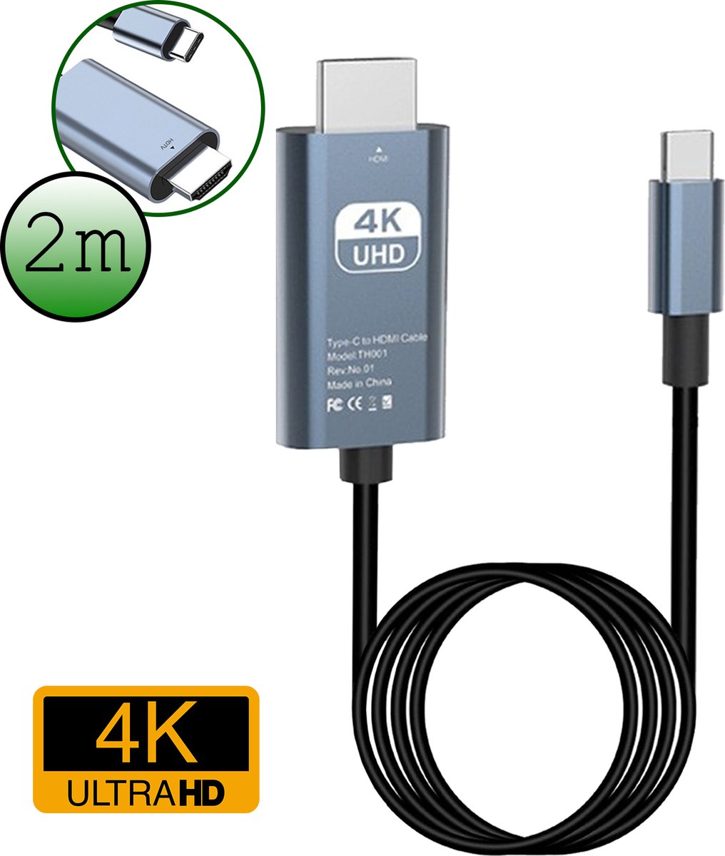 Image of USB C naar HDMI Kabel 4K HD 30Hz Kwaliteit - USB C naar HDMI Adapter Converter - 2 meter - Zwart
