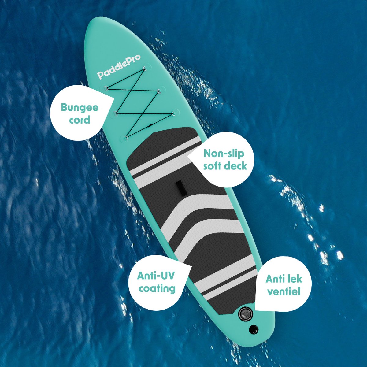 LifeGoods PaddlePro SUP Board - Opblaasbaar Paddle Board - Complete Set - Max. 150KG - 320x81cm - Mintgroen/Zwart – foto 8