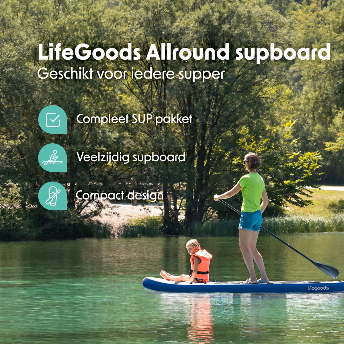 LifeGoods PaddlePro SUP Board - Opblaasbaar Paddle Board - Complete Set - Max. 150KG - 320x81cm - Blauw – foto 2