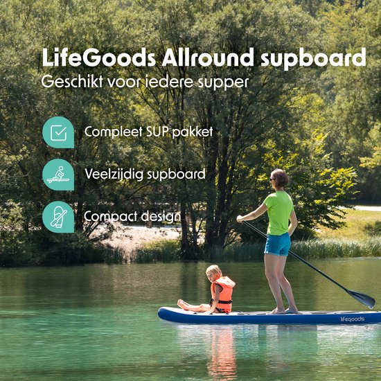 LifeGoods PaddlePro SUP Board - Opblaasbaar Paddle Board - Complete Set - Max. 150KG - 320x81cm - Blauw