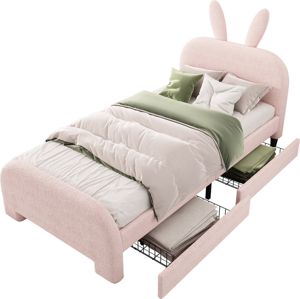 Merax 90x200 cm Kinderbed – Fluwelen Bed met Konijnen Oren Hoofdbord en 2 Lades – Roze - Houten Lattenbodem