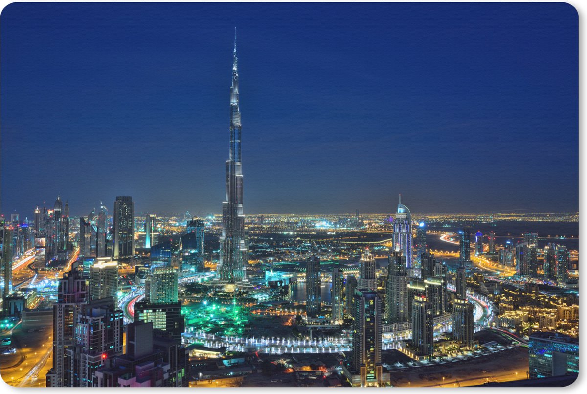 Muismat XXL 90x60 cm - Bureau onderlegger - Bureau mat Dubai en de Burj Khalifa verlicht in de avond - Bureaumat - Gaming mousepad xl - Bureaulegger groot - Computer deskmat