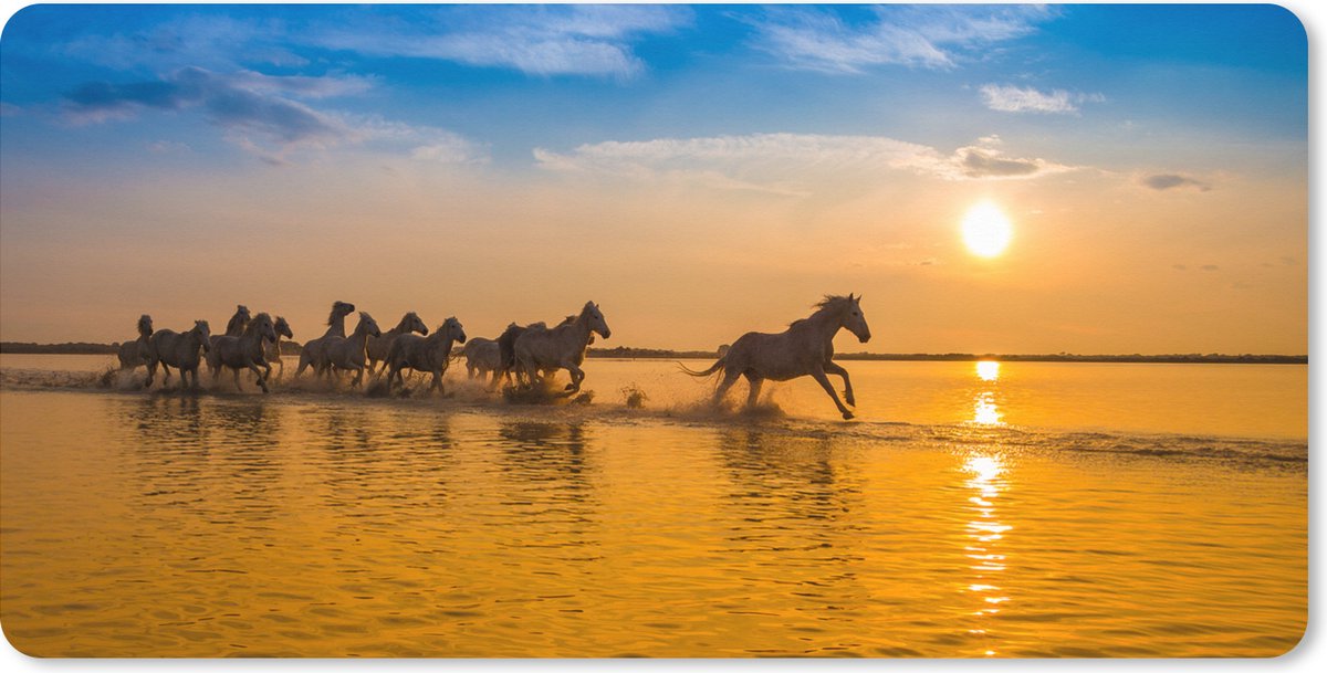 Muismat XXL 80x40 cm - Bureau onderlegger - Bureau mat Kudde paarden galoppeert in Camargue in de zonsondergang - Bureaumat - Gaming mousepad xl - Bureaulegger groot - Computer deskmat