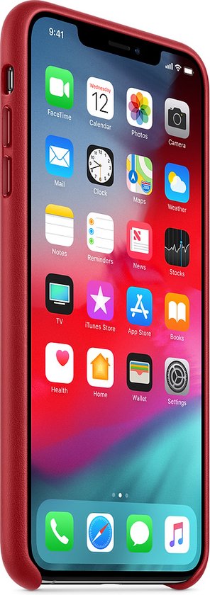 Rode iPhone Xs Max Apple leren hoesje met geopende apps op het scherm.