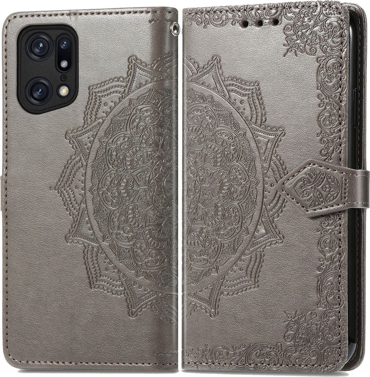 Mobigear Telefoonhoesje geschikt voor OPPO Find X5 Pro Hoesje | Mobigear Mandala Bookcase Portemonnee | Pasjeshouder voor 3 Pasjes | Telefoonhoesje voor Pinpas / OV Kaart / Rijbewijs - Grijs