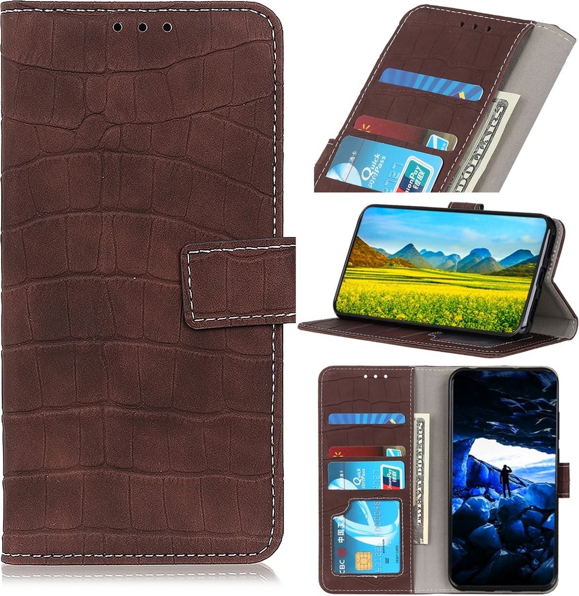 Mobigear Telefoonhoesje geschikt voor Samsung Galaxy M23 Hoesje | Mobigear Croco Bookcase Portemonnee | Pasjeshouder voor 3 Pasjes | Telefoonhoesje voor Pinpas / OV Kaart / Rijbewijs - Bruin