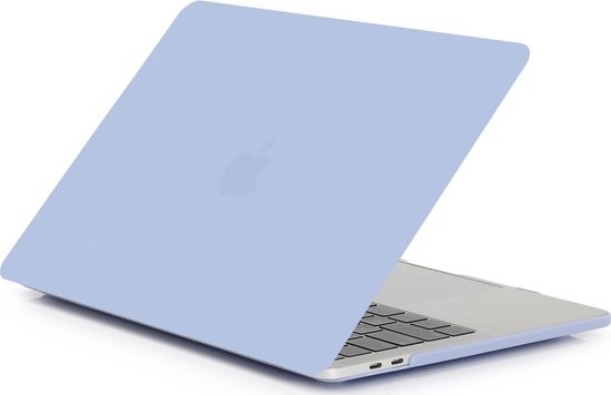 Pastelblauwe MacBook Pro 16" hoes, deels opengeklapt, toon de bovenkant en toetsenbord.