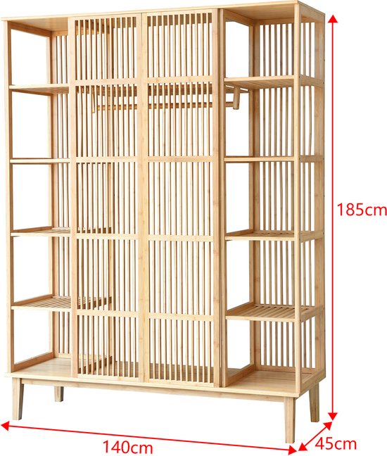 Lichte houten open kledingkast met afmetingen 185x140x45 cm, met legplanken en hangroede.