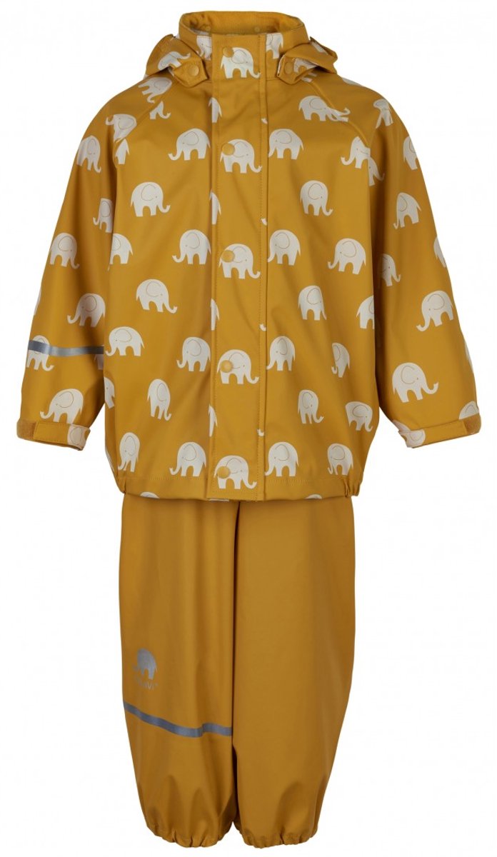 Mineral Yellow regenpak met witte olifantenprint van CeLaVi 140