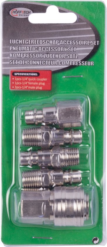 Hofftech pneumatische accessoire set in groene verpakking met specificaties.