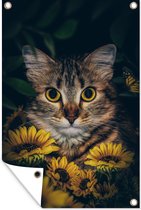 Tuinposter - Kat - Bloemen - Vlinder - Botanisch - 80x120 cm - Tuindoek - Wanddecoratie