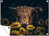 Tuinposter - Schotse hooglander - Bloemen - Dieren - Tuin - Koe - 160x120 cm - Schuttingposter - Tuindecoratie - Tuindoek - Buitenposter