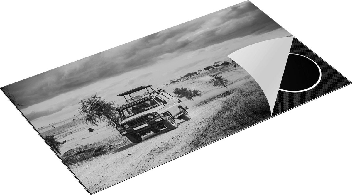 Chefcare Inductie Beschermer Safari Auto in de Savanne - Zwart Wit - 89,6x51,6 cm - Afdekplaat Inductie - Kookplaat Beschermer - Inductie Mat
