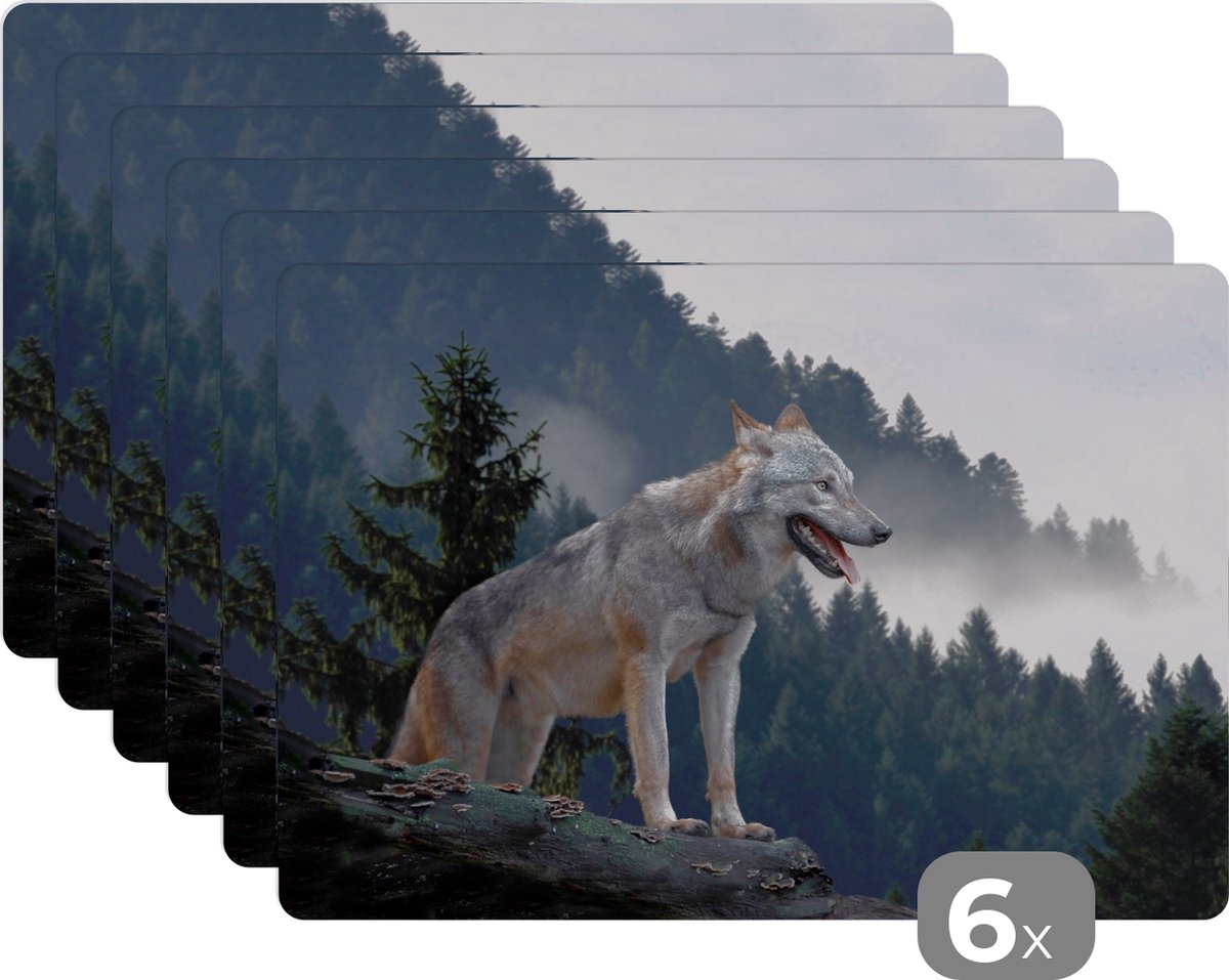 KitchenYeah - Placemats - Dieren - Wolf - Boomstam - Bos - Eettafel - Onderlegger - 45x30 cm - 6 stuks
