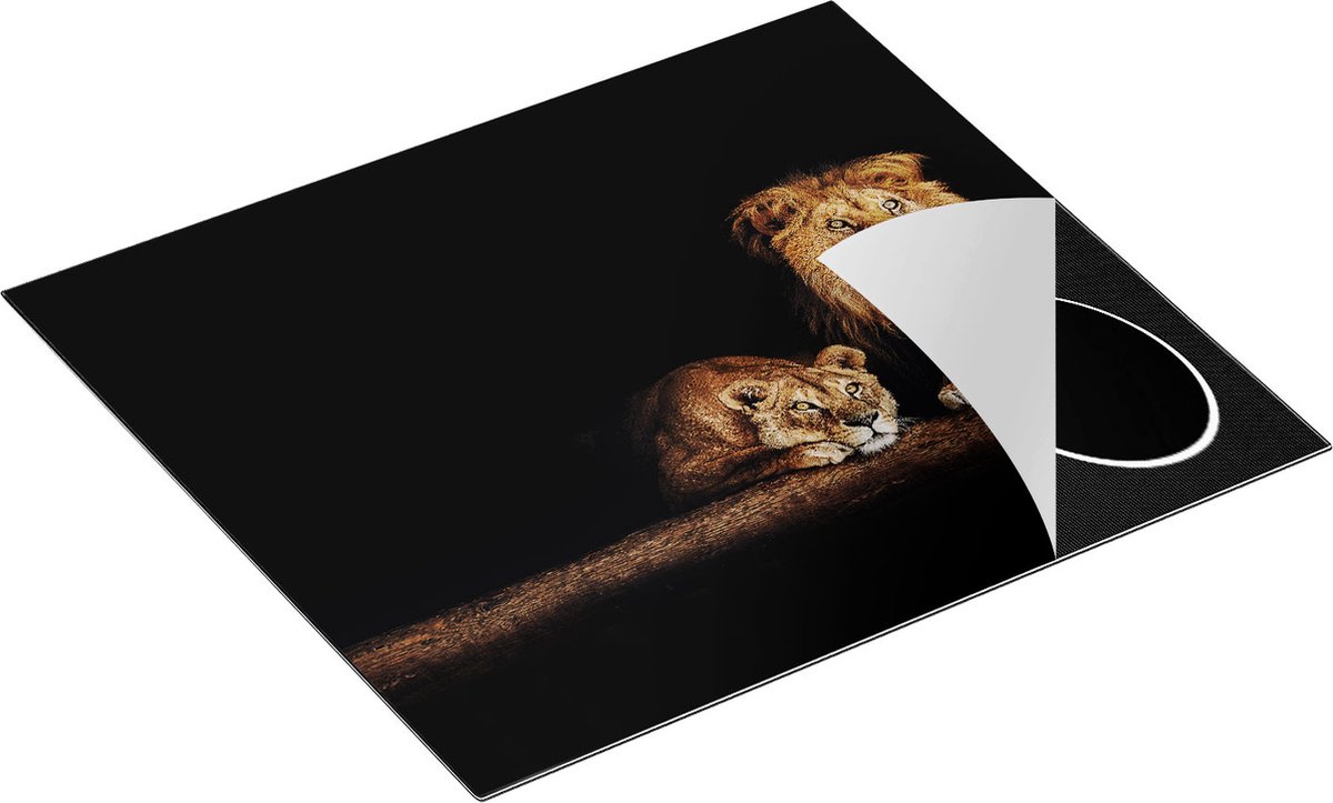 Chefcare Inductie Beschermer Leeuw en Leeuwin op een Boomstronk - 59x52 cm - Afdekplaat Inductie - Kookplaat Beschermer - Inductie Mat