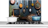 Spatscherm keuken 90x60 cm - Kookplaat achterwand Kruiden - Lepels - Specerijen - Keuken - Muurbeschermer - Spatwand fornuis - Hoogwaardig aluminium