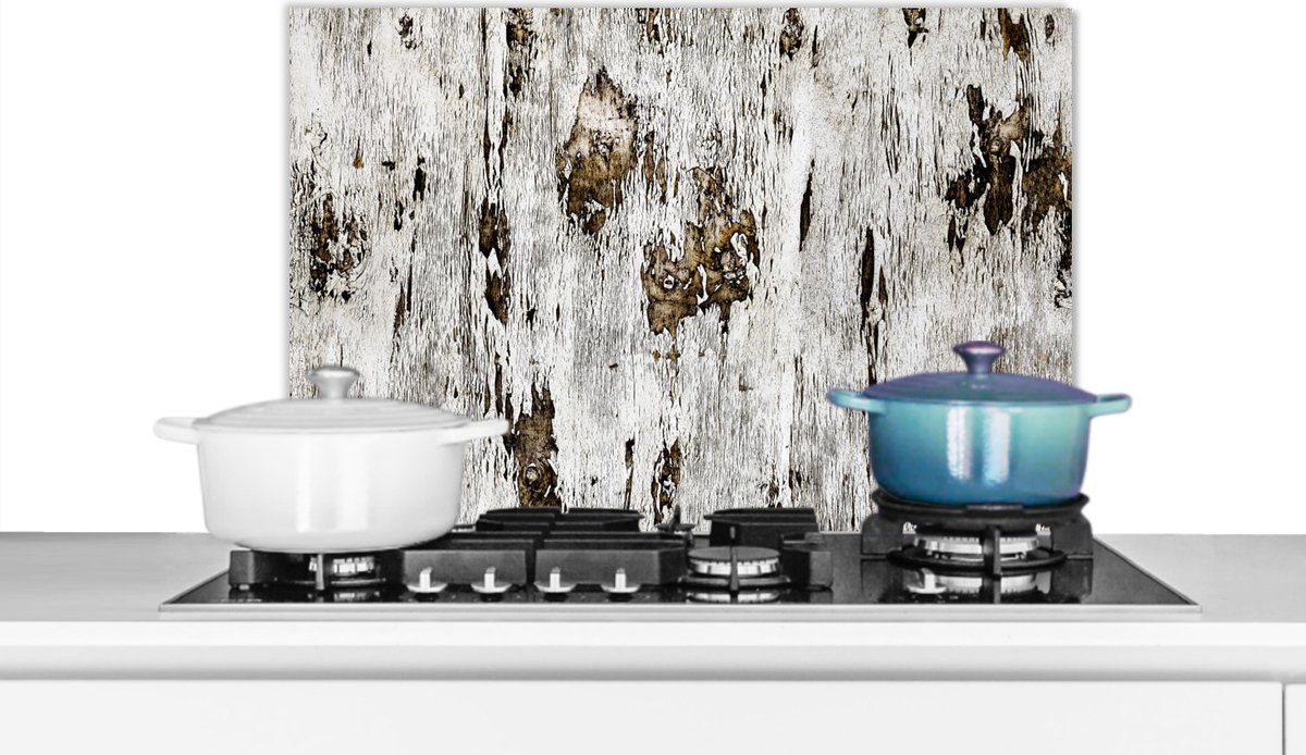 KitchenYeah - Spatscherm keuken - Spatbord - Hout - Wit - Boom - Boomschors - Berk - Spatwand - 70x50 cm
