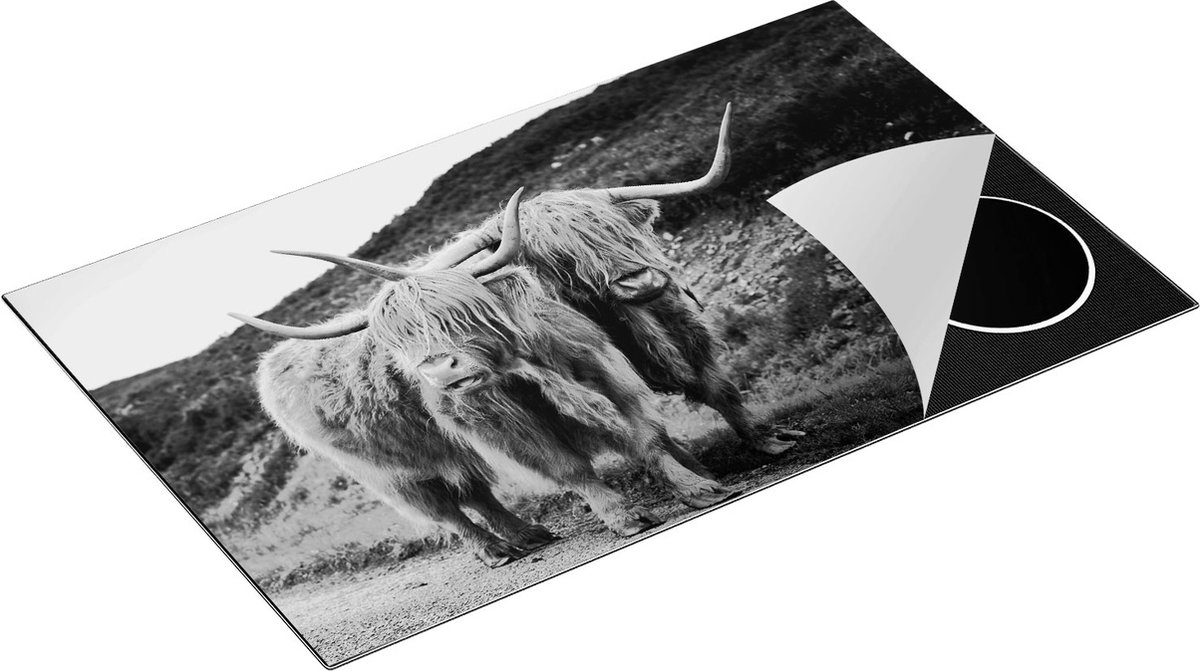 Chefcare Inductie Beschermer Twee Schotse Hooglanders op de Weg - Zwart Wit - 85x52 cm - Afdekplaat Inductie - Kookplaat Beschermer - Inductie Mat