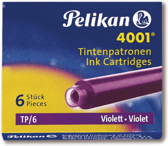 Pack de 6 cartouches d'encre Pelikan 4001 violettes avec texte '6 Stück Pieces TP/6 Violett Violet'.