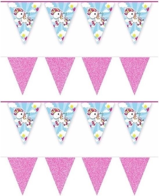 Foto: 4x vlaggenlijnen eenhoorn en roze glitters 10 meter kinderfeestje kinderpartijtje versiering kinderverjaardag decoratie