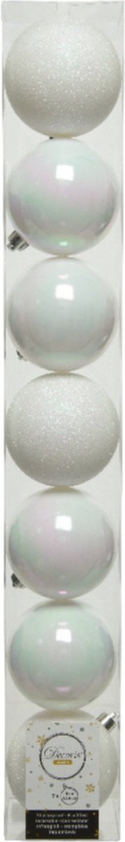 Decoris Kerstballen - 7x st - parelmoer wit - 8 cm - kunststof - kerstversiering