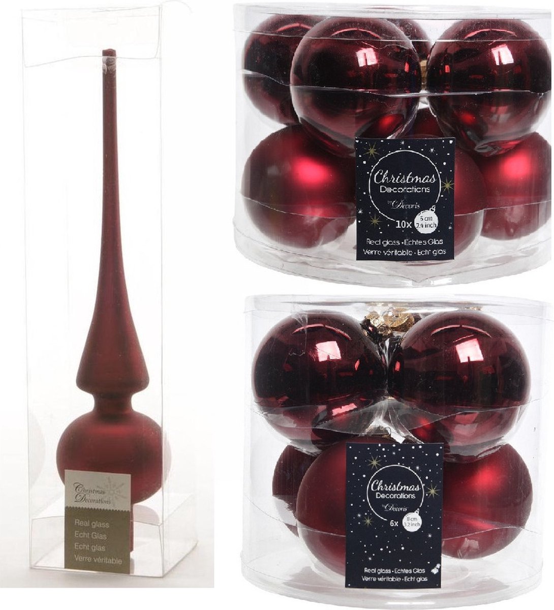 Compleet glazen kerstballen pakket donkerrood glans/mat 32x stuks met piek mat - 20x 6 cm - 12x 8 cm