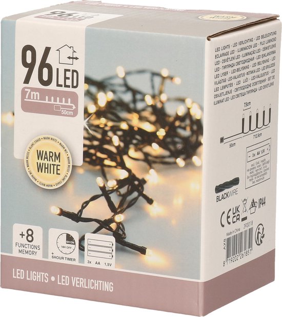 Kerst LED-verlichting - 96 lampjes - 7 m - met timer op batterij - warm wit  | bol.com