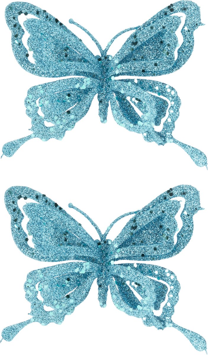 10x stuks decoratie vlinders op clip glitter ijsblauw 14 cm - Bruiloftversiering/kerstversiering decoratievlinders