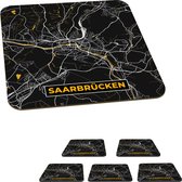 Onderzetters voor glazen - Black and Gold – Stadskaart – Saarbrücken – Duitsland – Plattegrond – Kaart - 10x10 cm - Glasonderzetters - 6 stuks