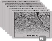Set de table - Carte - Paris - Carte - Paris - France - Plan de la ville - Zwart et blanc - 45x30 cm - 6 pièces - Résistant à la chaleur - Antidérapant - Coussinet - Amovible