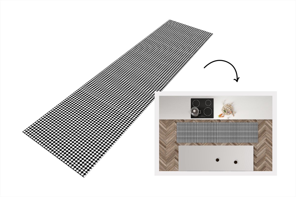 KitchenYeah Keukenloper - Loper keuken - Zwart - Wit - Design - Geometrie - Patroon - Keukenloper vinyl, foto 3